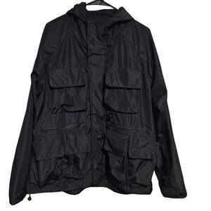 Forever 21 Hooded Utility Jacket Mens Size Large Black Pockets Zippered Back